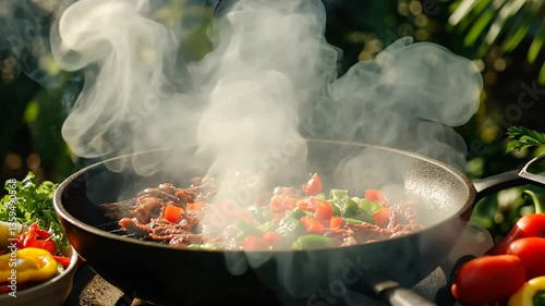 Sizzling meat and vibrant vegetables create an inviting outdoor cooking scene with smoke