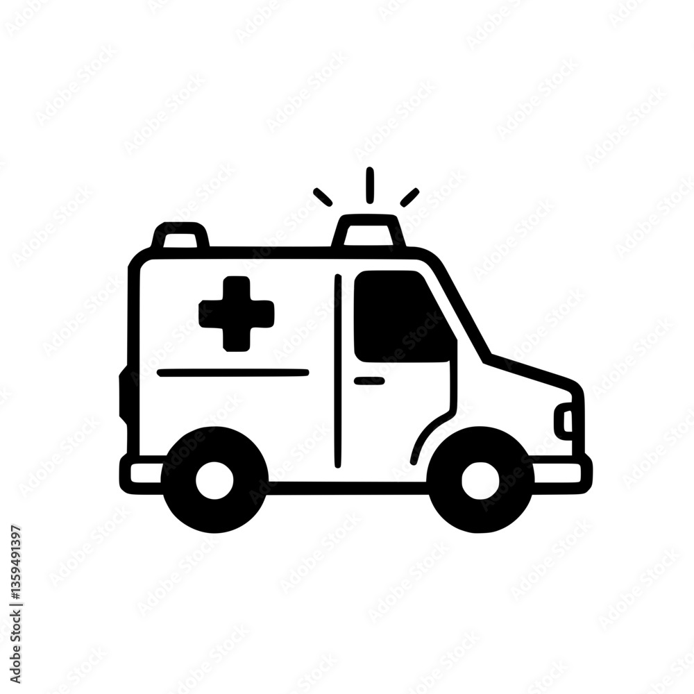 Emergency Vehicle: A and vector illustration of an ambulance symbolizing medical assistance and urgent care depicted in a minimalist style Emergency Vehicle: A and vector illustration of an ambulance symbolizing medical assistance and urgent care depicted in a minimalist style