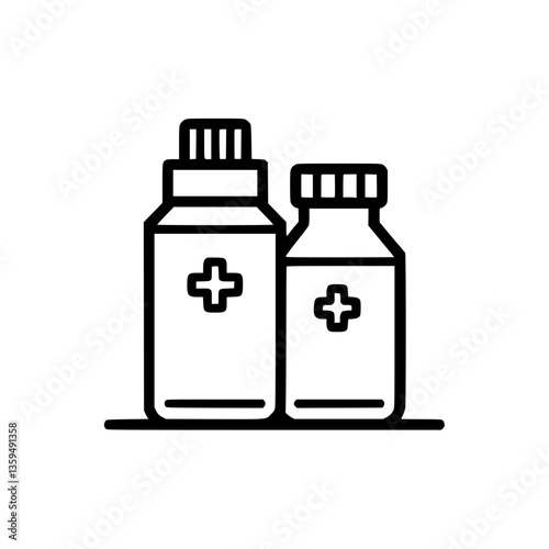Two bottles with crosses suggesting healthcare medicine or first aid supplies Simple design clear for use as an icon or illustration