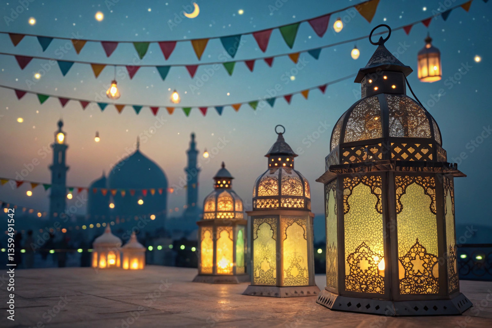 Obraz premium Ramadan and Eid Lanterns – Glowing Festive Decoration with Islamic Theme