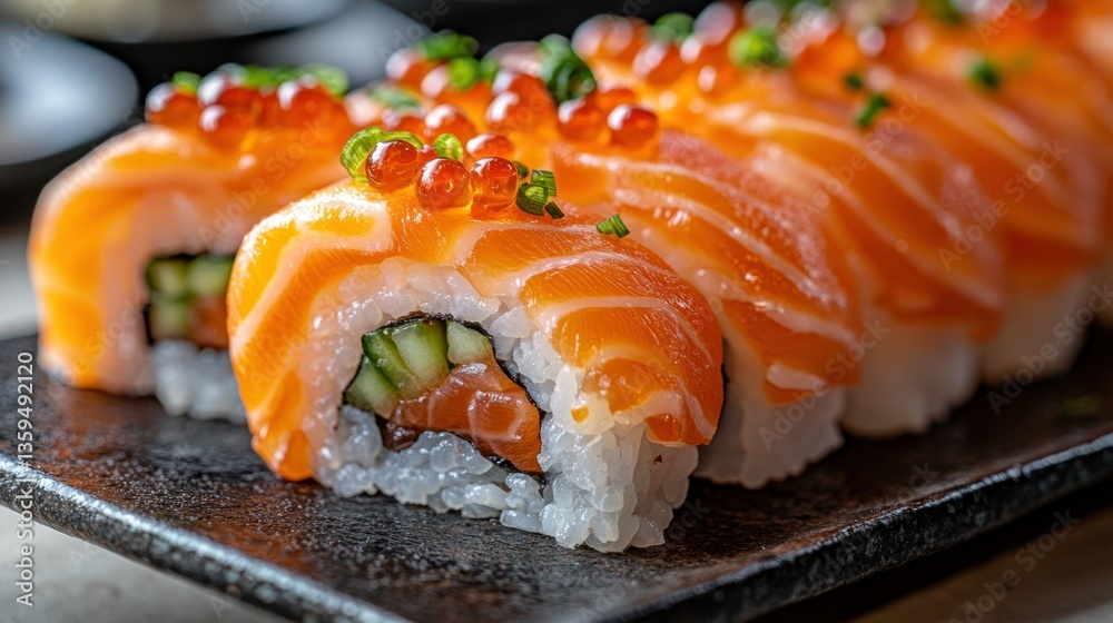 Fresh salmon sushi roll with vibrant topping Fresh salmon sushi roll with vibrant topping