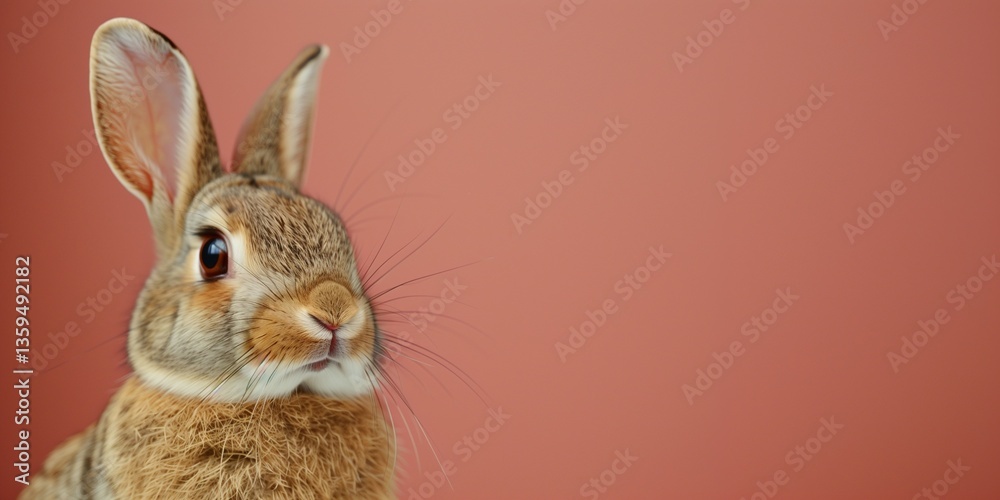 Obraz premium Adorable Brown Rabbit on Warm Terracotta Background with Copy Space – Easter, Pet Care, and Nature Concept.