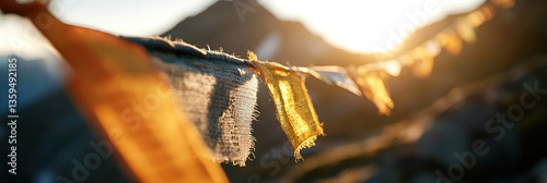 Prayer Flags at Sunset in Mountainous Terrain