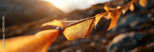 Prayer Flags on Mountain at Sunset