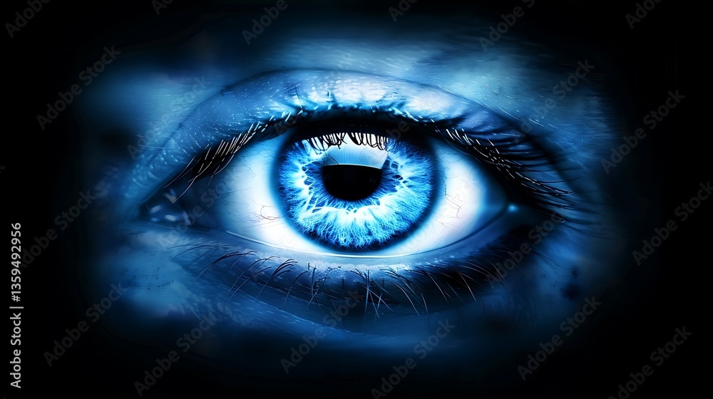 Obraz premium A close up image of a human eye illuminated in blue