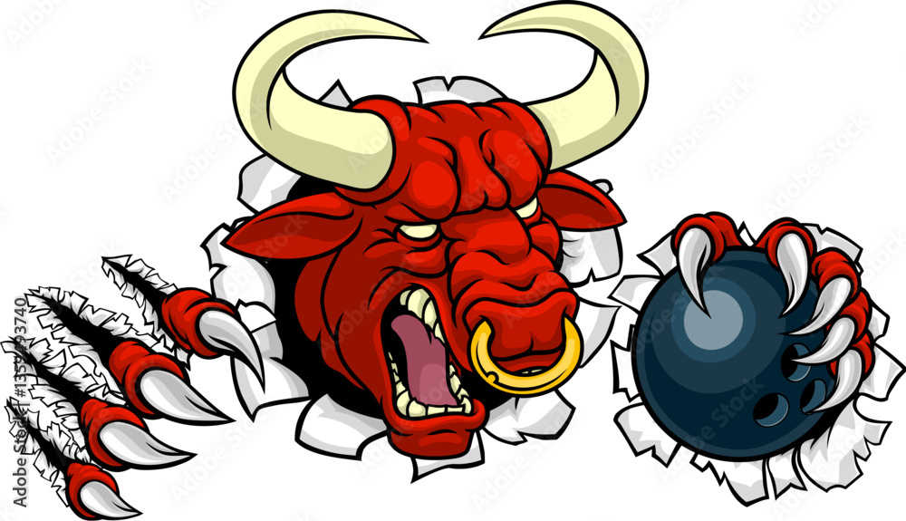 Fototapeta premium A bull or Minotaur monster longhorn cow angry mean ten pin bowing mascot cartoon.