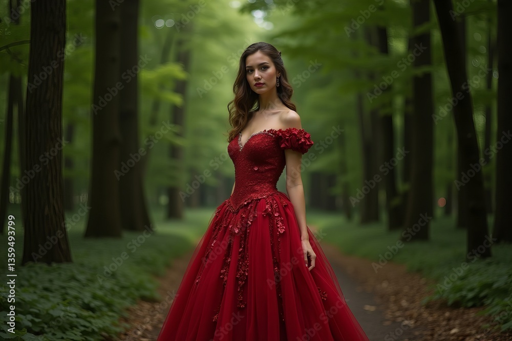 The Enchanting Elegance of a Young Woman in a Vintage Red Gown, Posing in a Verdant Forest Setting The Enchanting Elegance of a Young Woman in a Vintage Red Gown, Posing in a Verdant Forest Setting