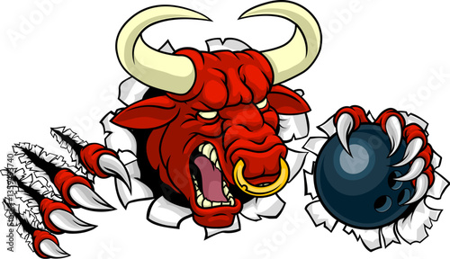 A bull or Minotaur monster longhorn cow angry mean ten pin bowing mascot cartoon.