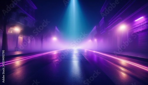 ultraviolet background of empty foggy street with wet asphalt illuminated by a searchlight laser beams smoke