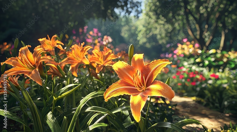 Obraz premium Yellow-orange flowers of the daylily in summer garden.