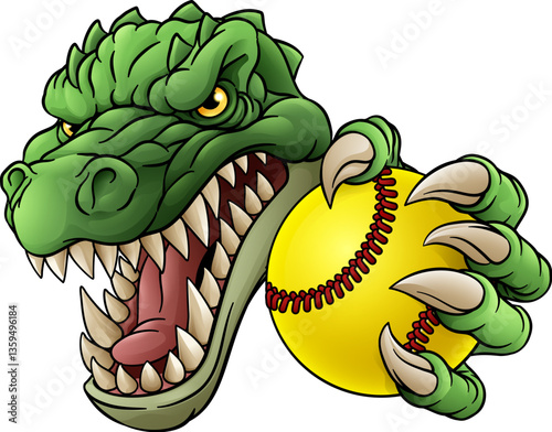 An alligator, crocodile or dinosaur softball or baseball animal sports mascot holding a ball in his claw
