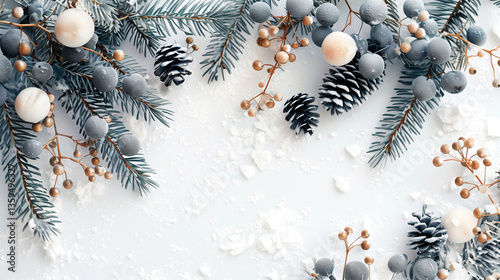 Winter Holiday Composition of Evergreen Branches Snow Covered Pine Cones and Decorative Spheres on White Background