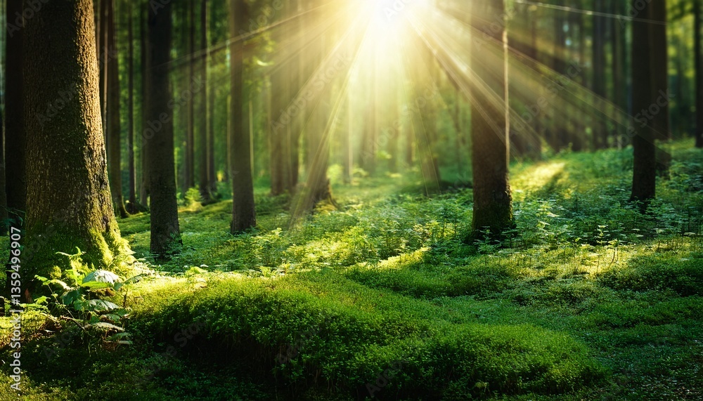 Fototapeta premium Lush green forest with sunbeams filtering through the trees, mystical atmosphere 
