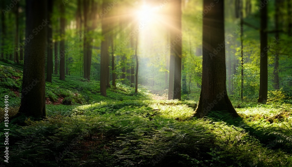 Obraz premium Lush green forest with sunbeams filtering through the trees, mystical atmosphere 