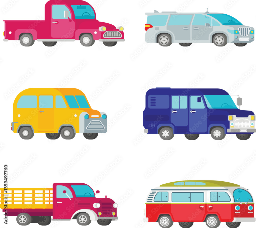 Vector freight trucks and minivans set in half isometric flat style Vector freight trucks and minivans set in half isometric flat style
