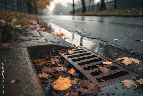 Autumn Leaves Clog a City Street Drain in Rainy Weather