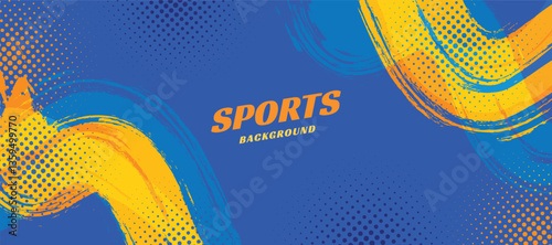 Colorful sports trendy background. Yellow and blue brush texture with halftone