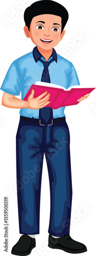 Indian Young School Boy Holding Notebook Cartoon Character Vector Illustration