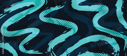 Colorful sports trendy background. Dark blue brush texture with halftone
