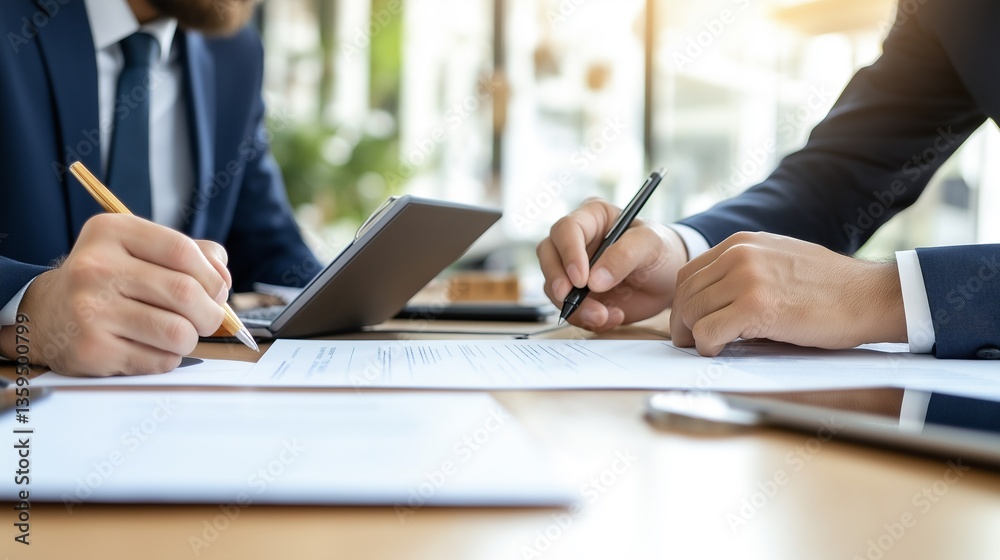 Close-up of two business professionals reviewing and signing a legal contract at a modern office desk, tablet and documents in the background Close-up of two business professionals reviewing and signing a legal contract at a modern office desk, tablet and documents in the background