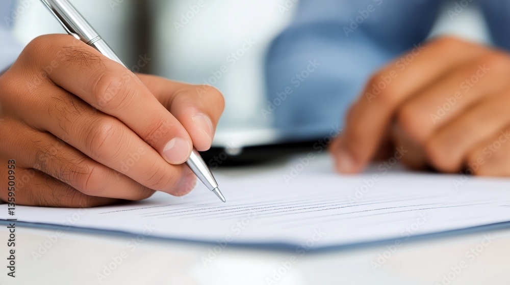 Close-up of two business professionals reviewing and signing a legal contract at a modern office desk, tablet and documents in the background Close-up of two business professionals reviewing and signing a legal contract at a modern office desk, tablet and documents in the background