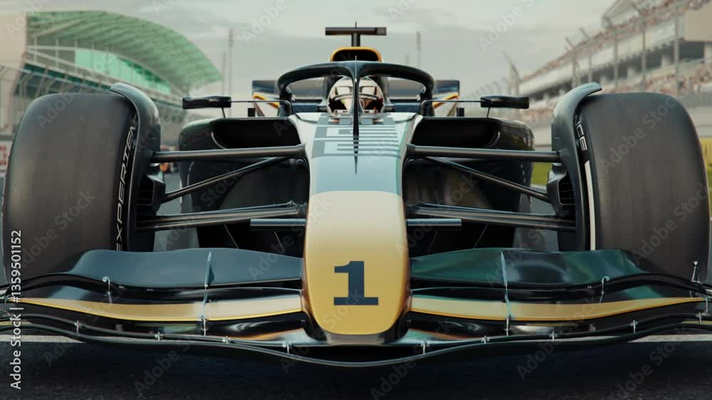 Front view of a generic formula one race car rolling into pole position. 3D animation rendering. New 2025 black and gold race car design