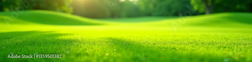 Close-up of immaculate golf field with flawless grass Serene setting , immaculate, field, grass