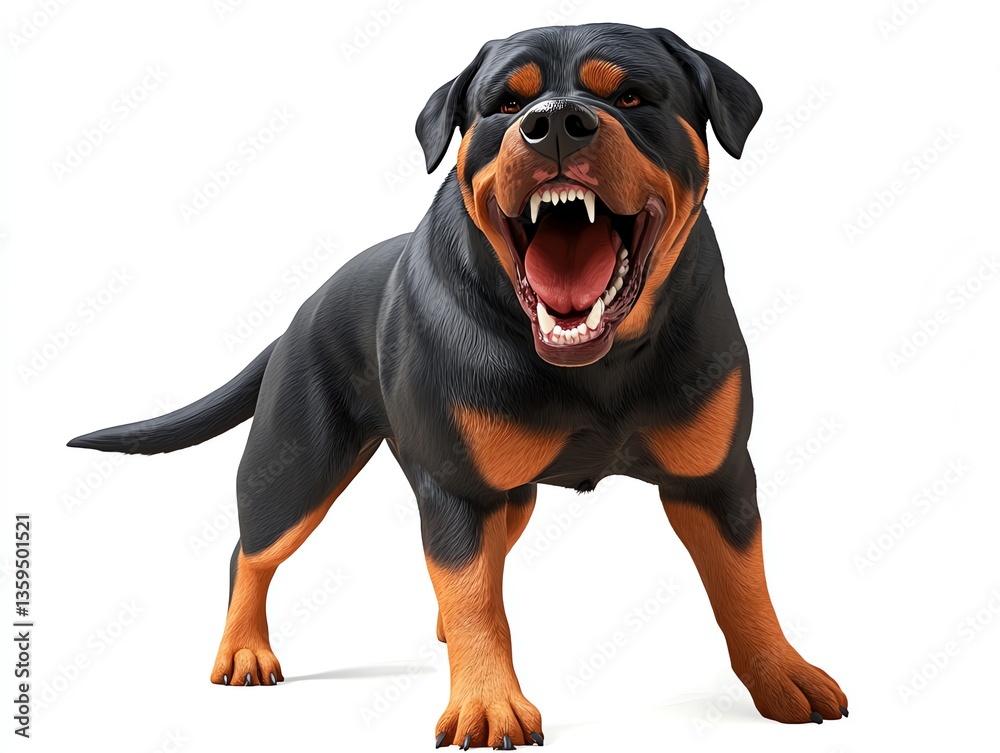 Obraz premium Aggressive Rottweiler, teeth bared, snarling intensely, against a stark white background. A powerful image of canine aggression.