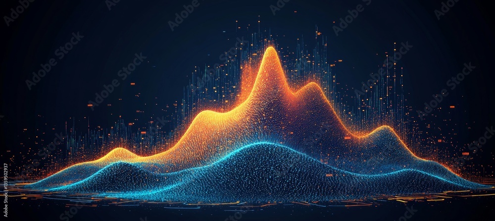 Orange and Blue Peaks Charting Market Trends With Fluctuating Growth on Dark Background, 3D Render