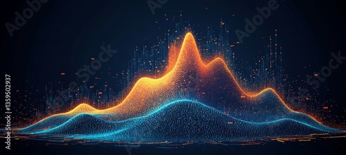 Obraz na płótnie Orange and Blue Peaks Charting Market Trends With Fluctuating Growth on Dark Background, 3D Render w salonie