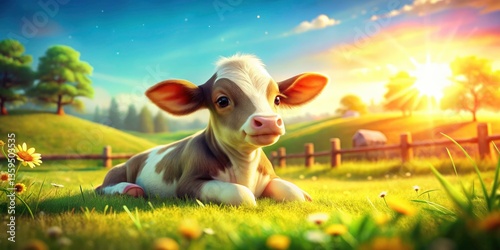 Adorable Calf Meadow Resting Tilt-Shift Farm Life Photo - Rural Idyll