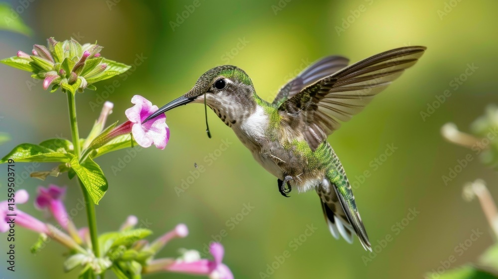 Fototapeta premium Close-up of a vibrant hummingbird feeding from a flower.