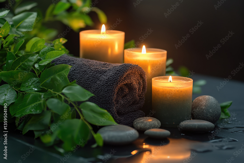 Candles, towels, and green leaves arranged on a table. Candles, towels, and green leaves arranged on a table.