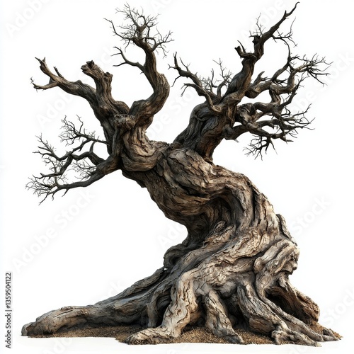 Old gnarled tree with twisted branches and intricate bark texture standing isolated on a white background