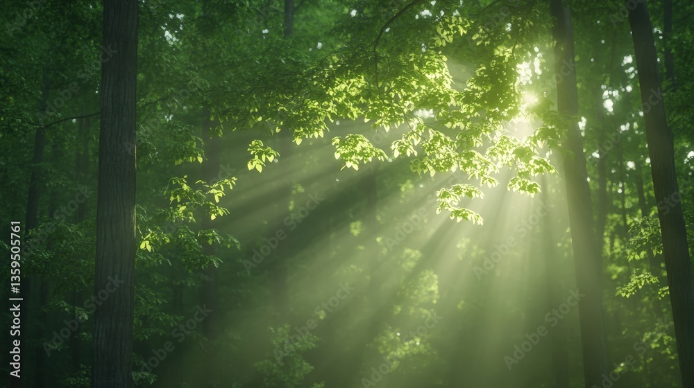 Obraz premium Sunlight filtering through lush green leaves in a serene forest, creating a peaceful and calming atmosphere.