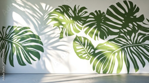 Tropical wall mural with monstera leaves