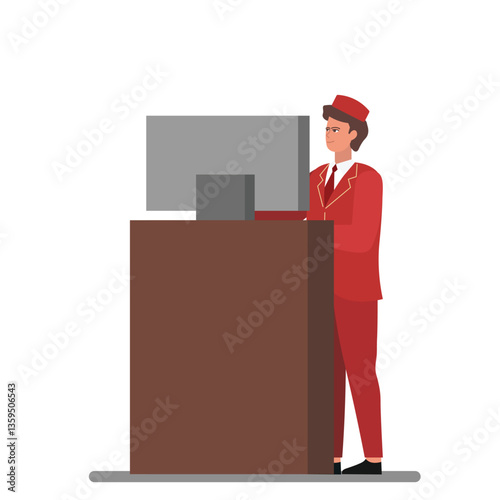 a hotel porter wearing a red uniform. elements for a hotel theme. hotel porter working. hotel staff at the registration desk
