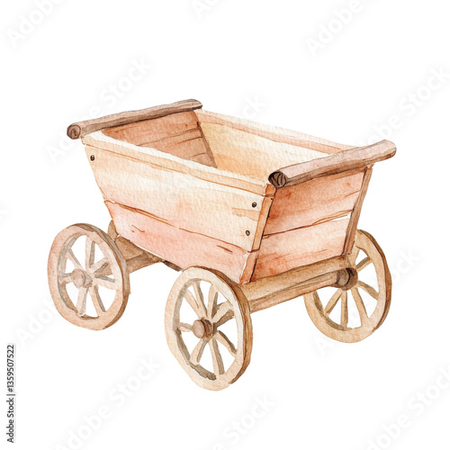 A wooden wagon with wheels on transparent background.