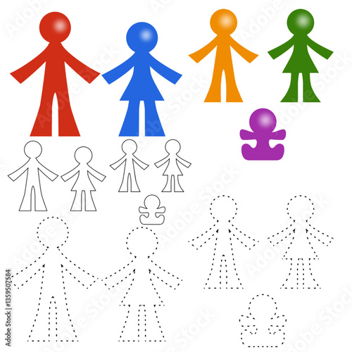 Set of silhouettes dad, mom, son, daughter, baby colored, outline, puntkti, plastic color sorter