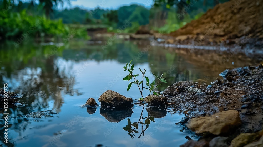 Fototapeta premium Nature reflection water pool with greenery outdoor serenity landscape photography tranquil environment
