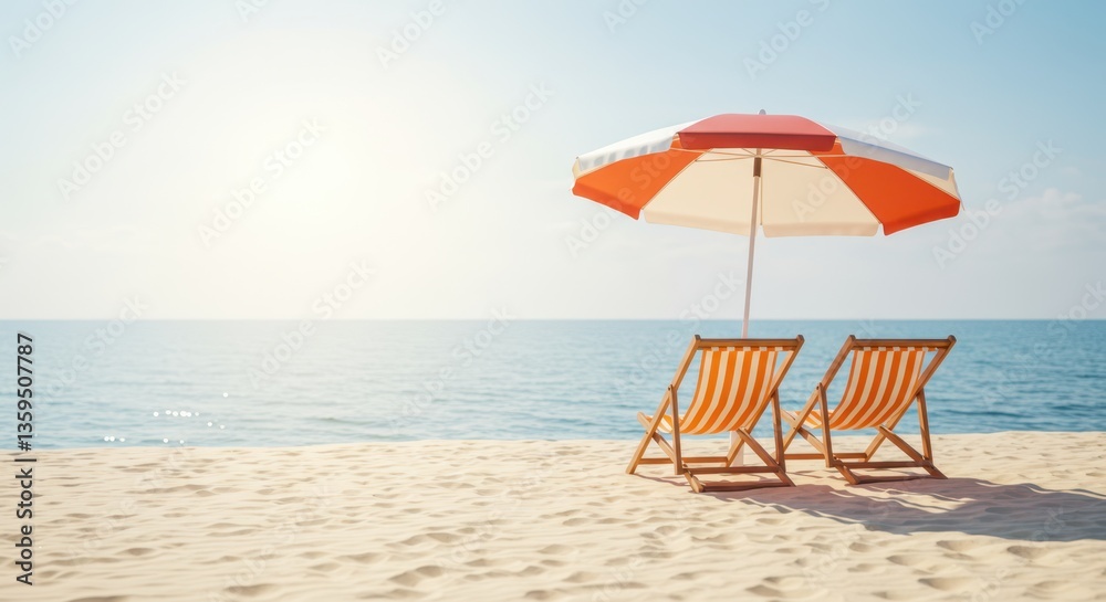 A peaceful beach setting featuring beach chair and umbrella with soft white sand stretching to the horizon A peaceful beach setting featuring beach chair and umbrella with soft white sand stretching to the horizon