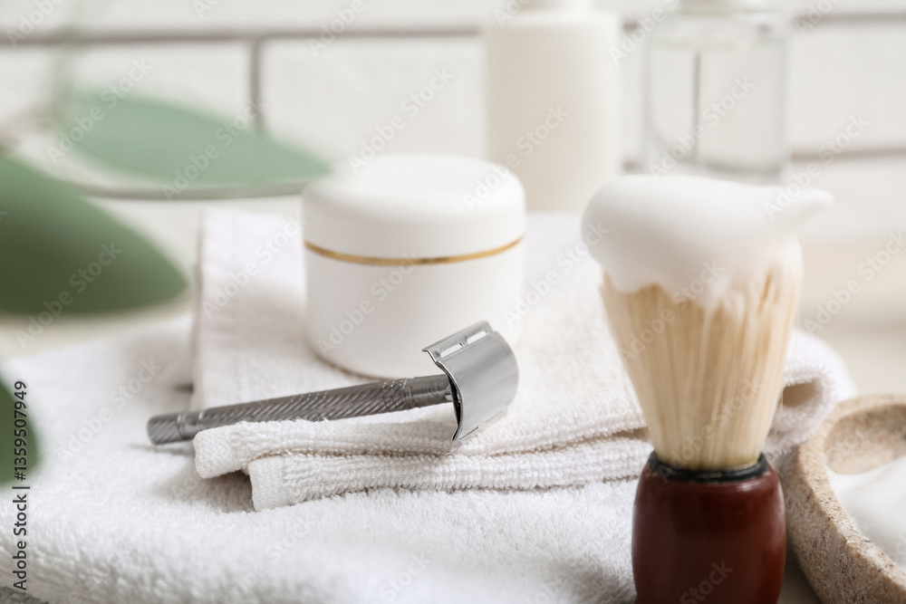 Set of men's shaving accessories on table, closeup Set of men's shaving accessories on table, closeup