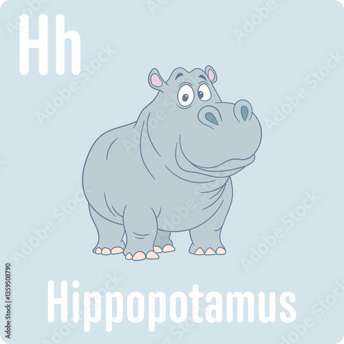 A cute cartoon hippopotamus is shown with the letter Hh. The hippo is a gentle animal for kids to learn about with this design. 