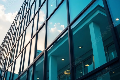 Close-up of modern glass office building facade with geometric design, modern, architecture, design