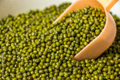 Fototapeta Closeup of Front view of Green Moong Dal beans in a scoop