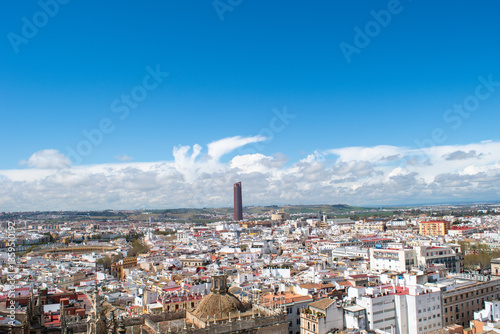 Cityscape view of the city of Seville, Spain taken from the La Giralda tower and spire at Seville cathedral.