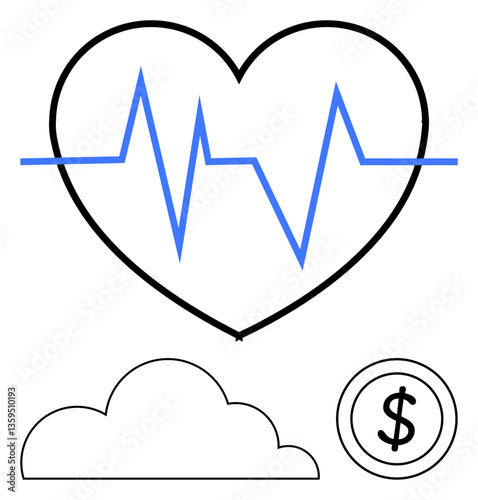 Black heart with blue heartbeat line, cloud shape, and dollar coin. Ideal for health, finance, technology, online services, cloud solutions economy lifestyle balance. Flat simple metaphor