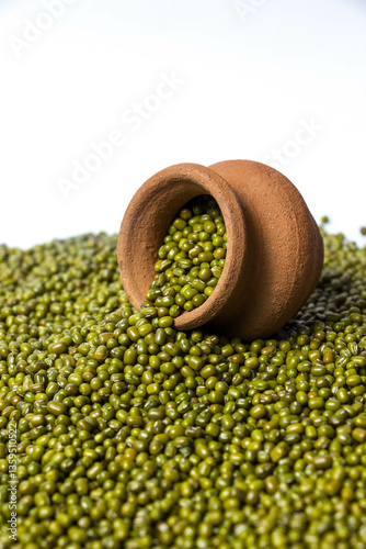 Obraz na plátně Frontview of Green Moong Dal beans in a earthen clay pot Isolated on a white background