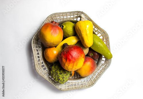 Fototapeta Top view of the Artificial Handmade fruits made out of wood