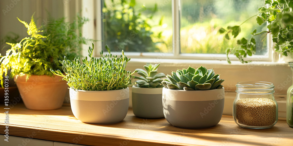 Sunlit succulents and plants in grey pots on wooden windowsill, showcasing home decor and natural ambiance, ideal for blogs or websites about plants Sunlit succulents and plants in grey pots on wooden windowsill, showcasing home decor and natural ambiance, ideal for blogs or websites about plants